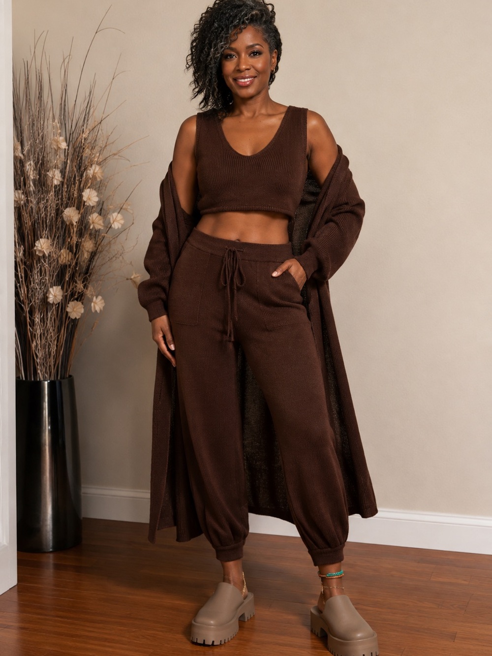 3-Piece Set/Free People Chocolate Brown Knit Drawstring Joggers, Top and Duster